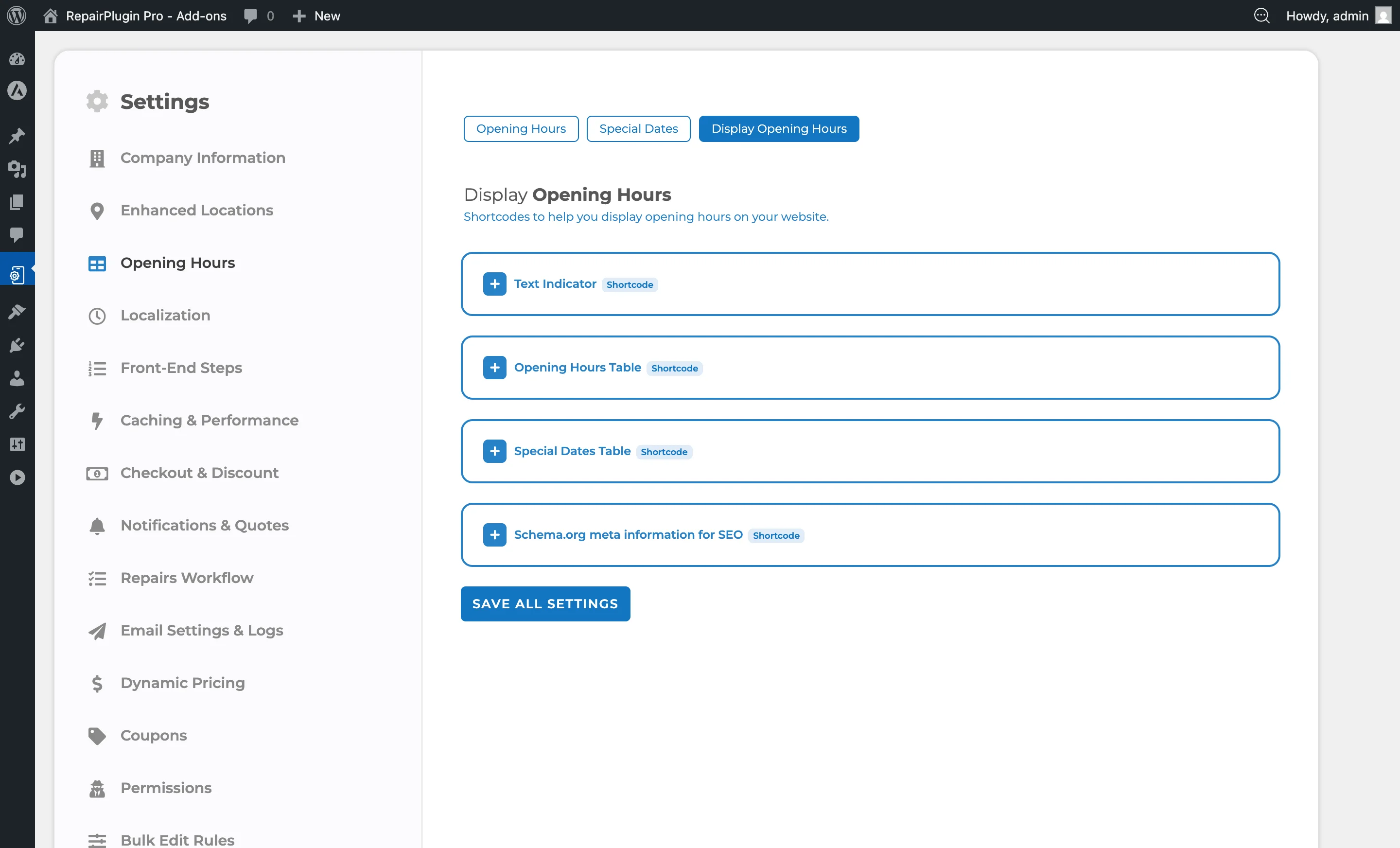 The Display Opening Hours tab showing frontend display options for opening hours