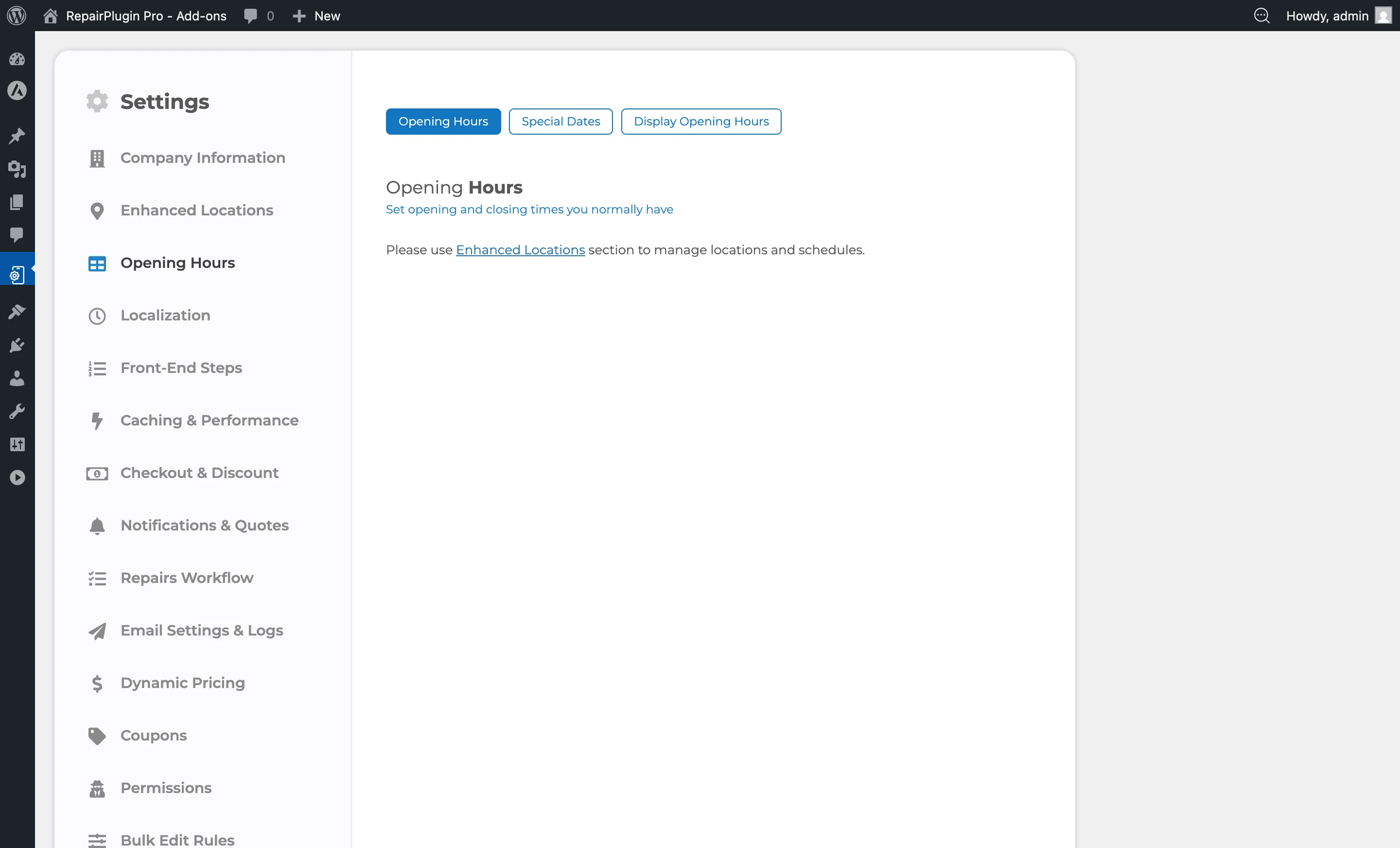 The Opening Hours settings page showing the weekly schedule with open, close, and breaktime fields per day