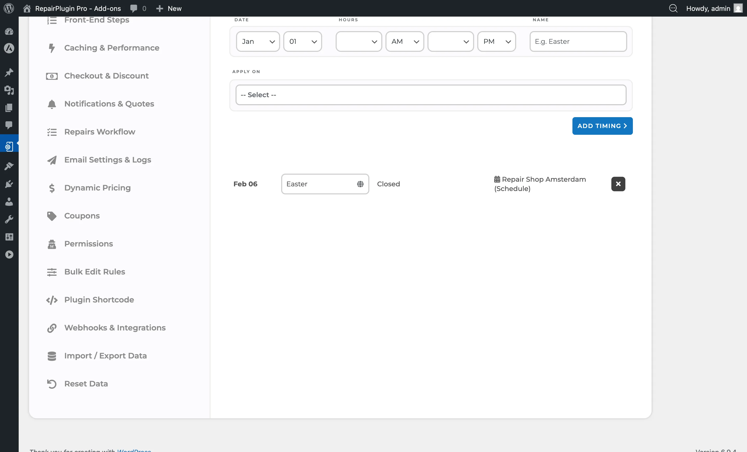 The special date form with month, day, opening time, closing time, name, and Apply On fields