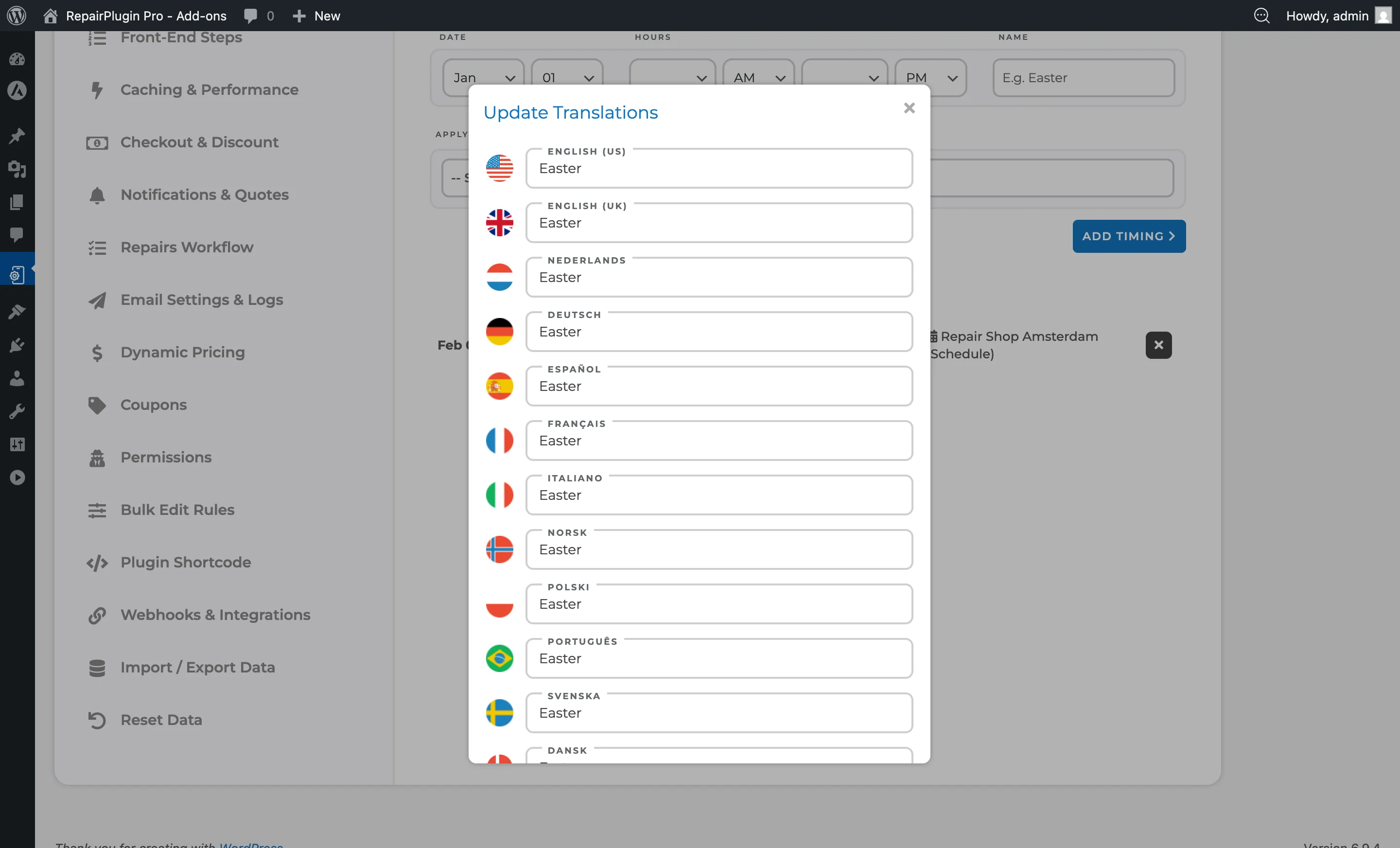 The translation popup for a special date name showing input fields for each enabled language