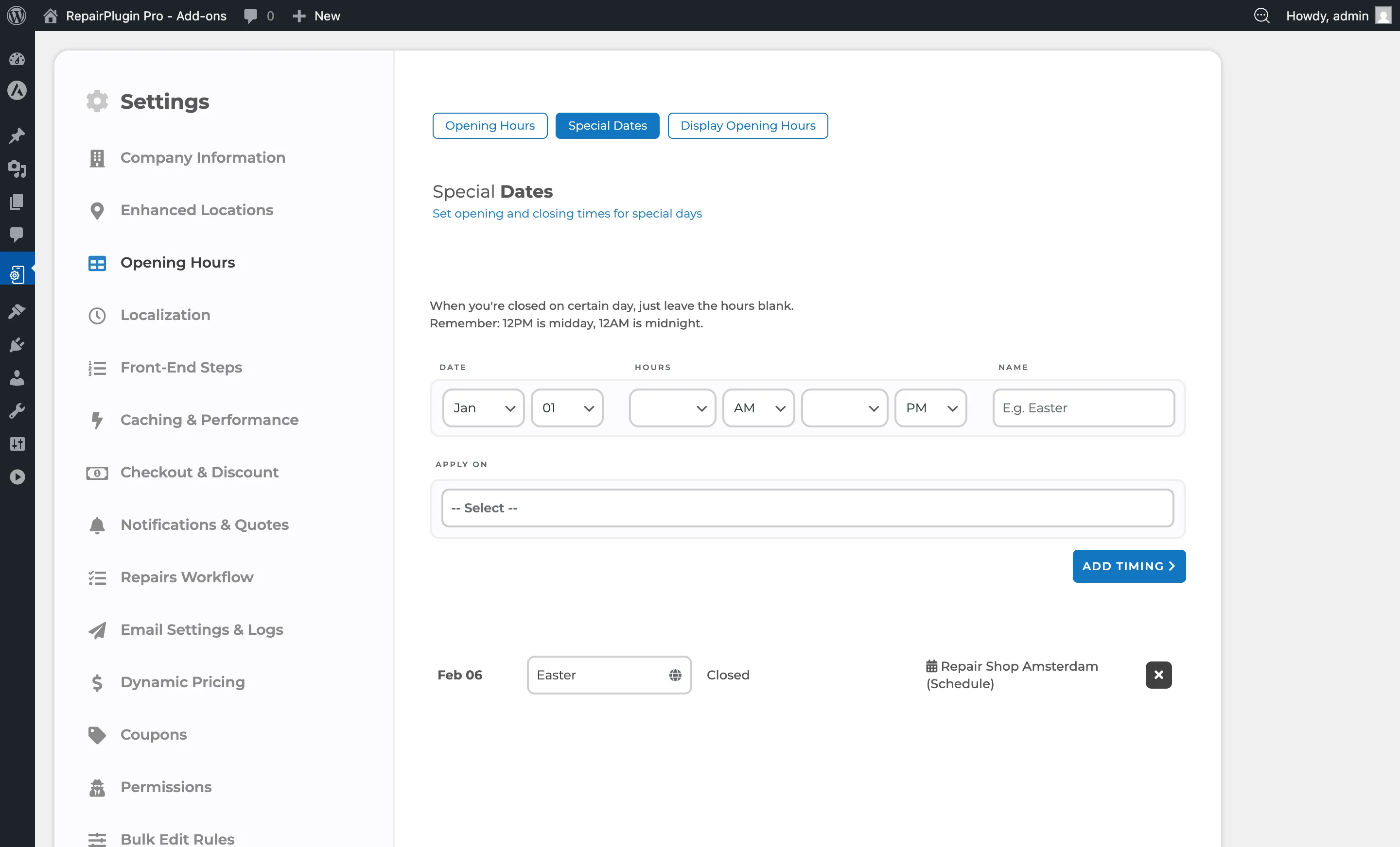 The Special Dates tab showing the form for adding holiday hours with month, day, time fields, and existing special dates list