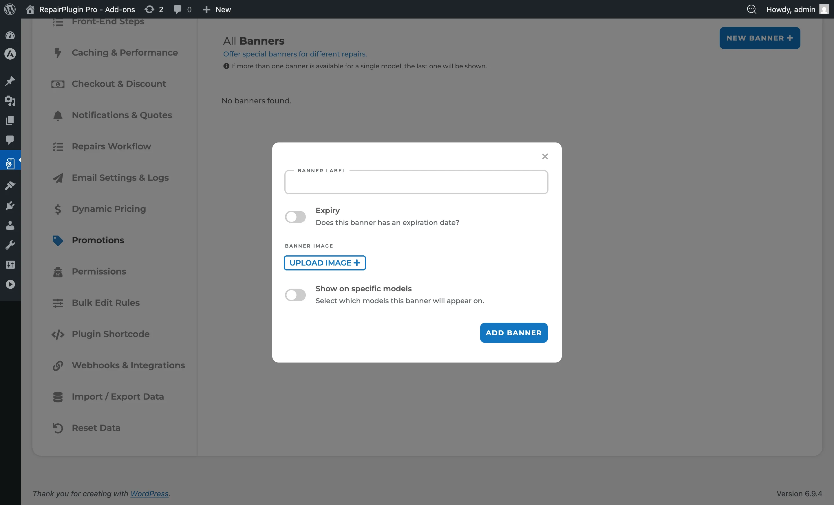 The New Banner modal showing label, expiry, image upload, and model targeting fields