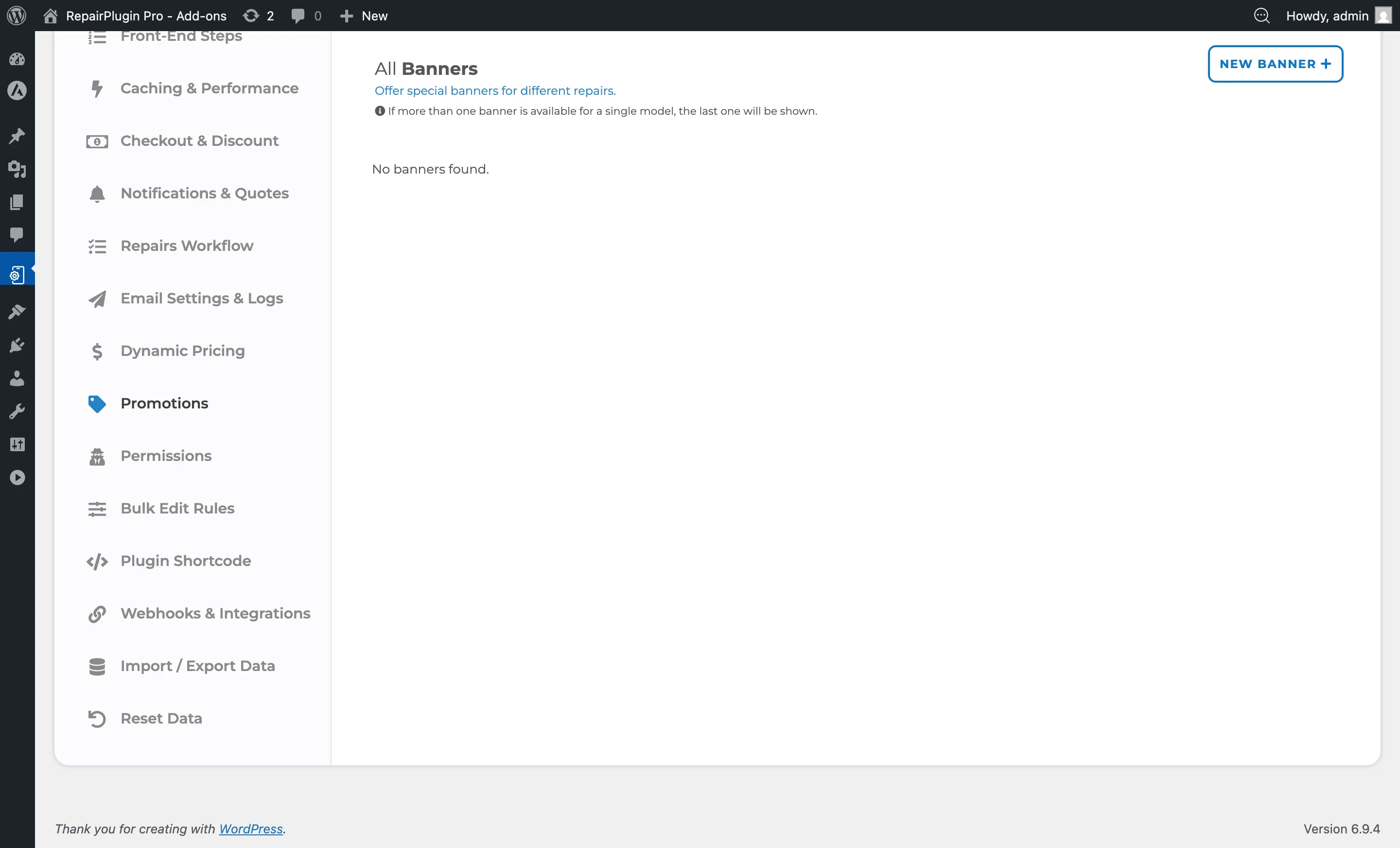 The Banners section on the Promotions settings page showing the banner list with New Banner button
