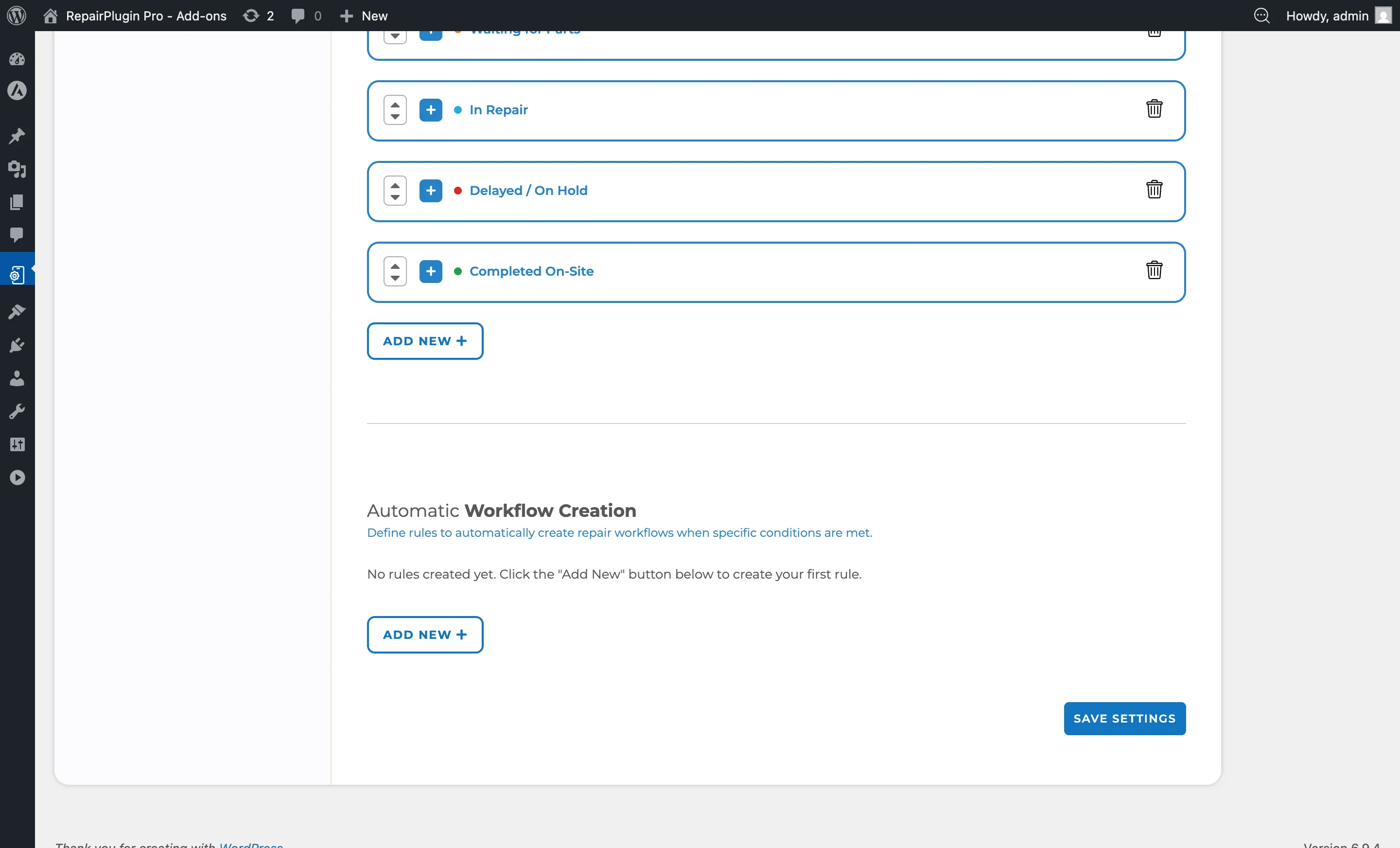 The Automatic Workflow Creation section showing rules configuration with Add New button and Save Settings