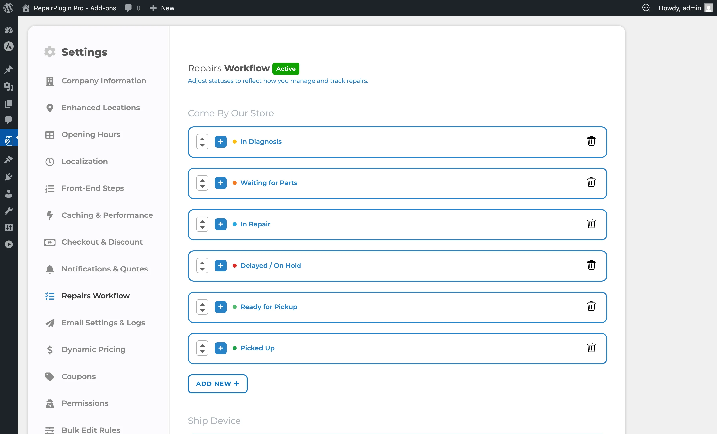 The Repairs Workflow settings page showing configurable statuses organized by service method