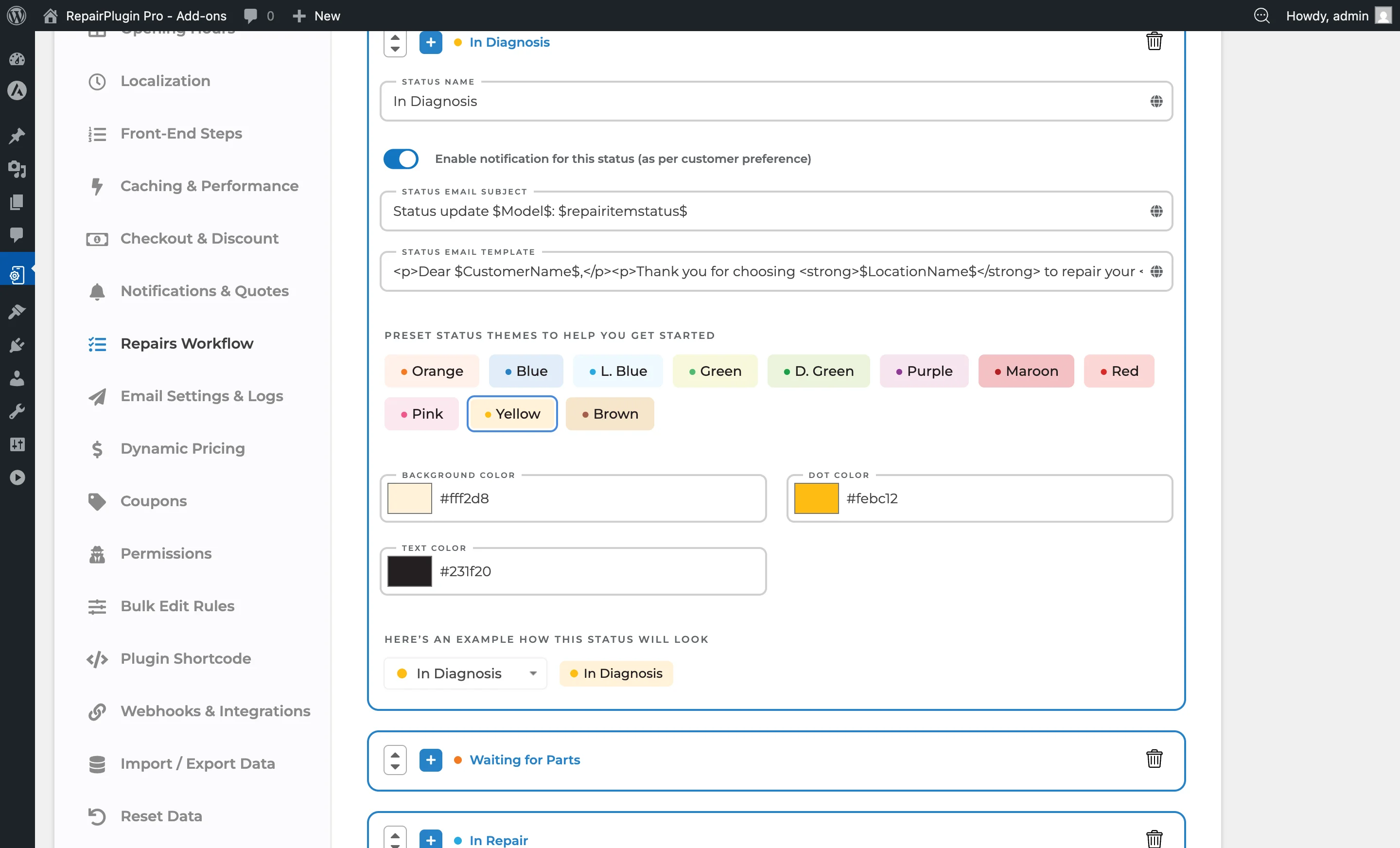 A status expanded in the Repairs Workflow settings showing name, notification toggle, email template, and color options
