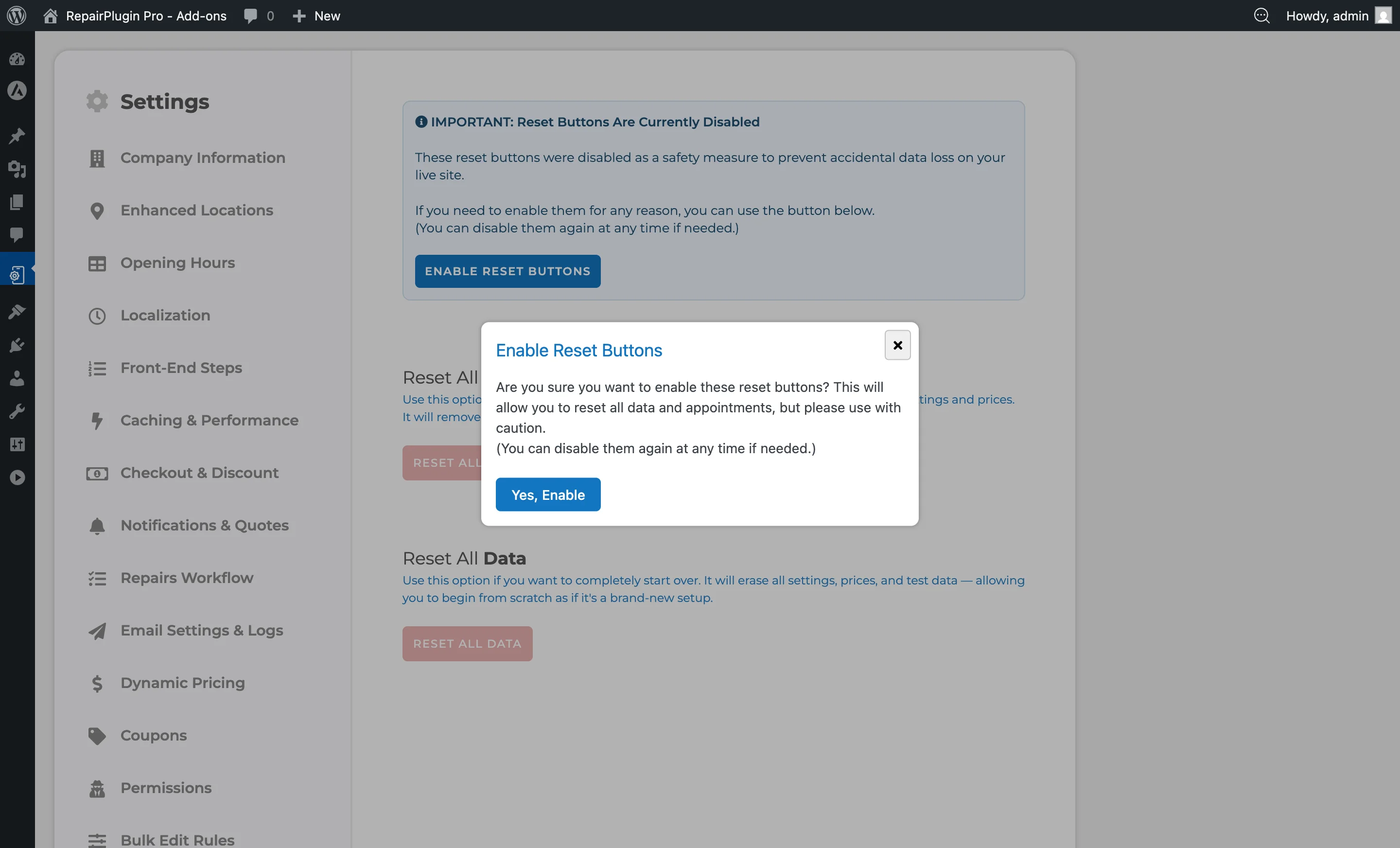 The Reset Data confirmation popup warning before permanently deleting plugin data