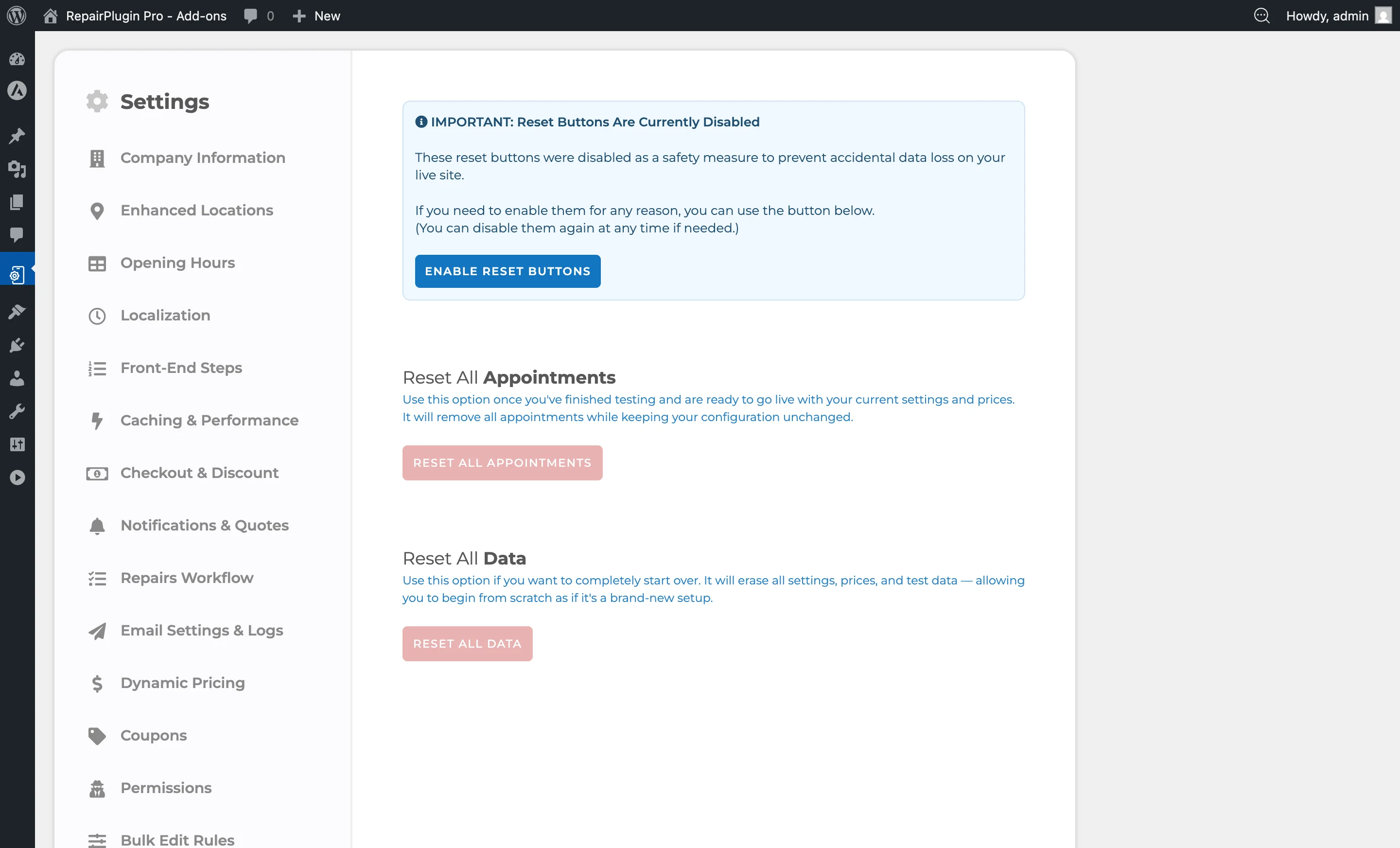 The Reset Data settings page showing the reset buttons, disable/enable controls, and warning messages