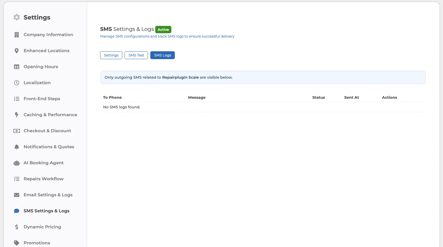 L'onglet SMS Logs avec les colonnes To Phone, Message, Status, Sent At et Actions