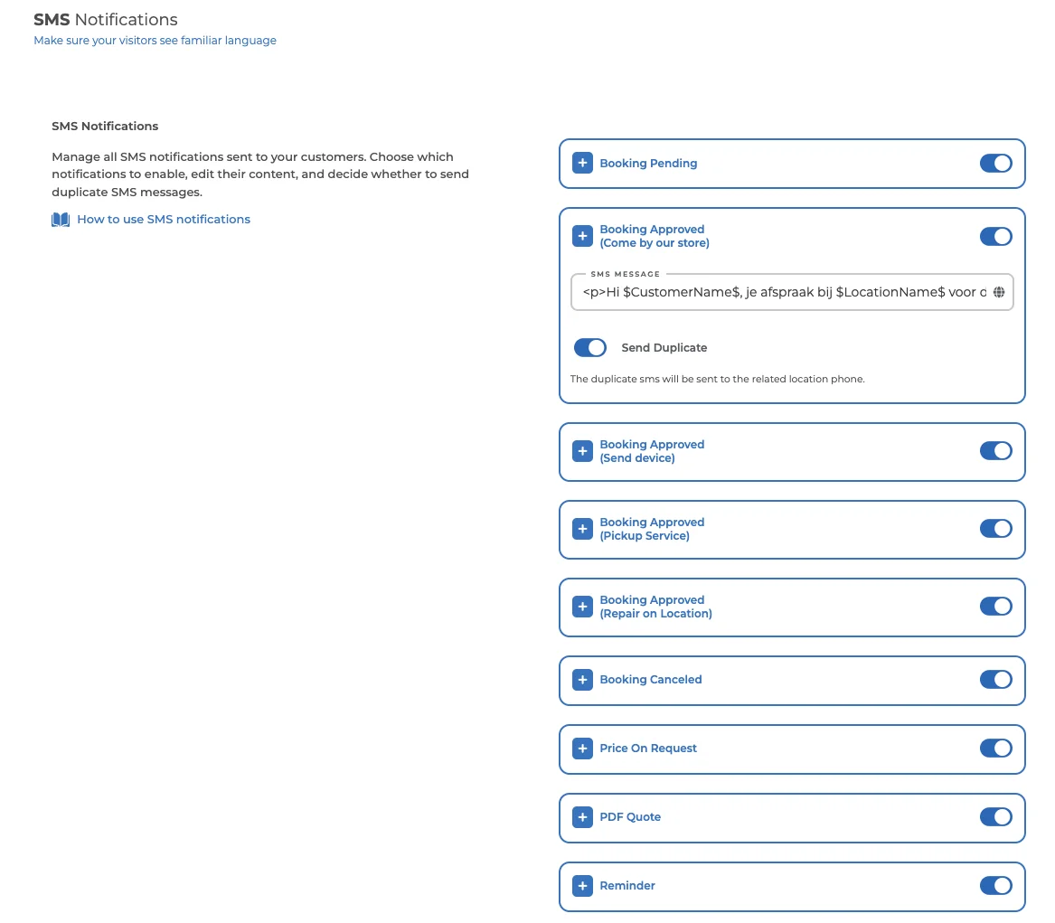 La liste SMS Notifications avec un interrupteur par notification et la notification Booking Approved ouverte, avec le champ SMS Message et l'interrupteur Send Duplicate