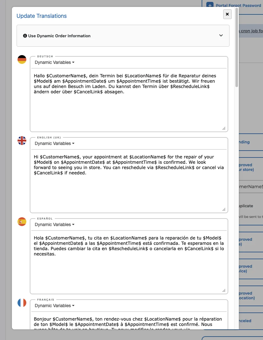 La fenêtre Update Translations avec le texte du SMS par langue et un menu Dynamic Variables au-dessus de chaque texte