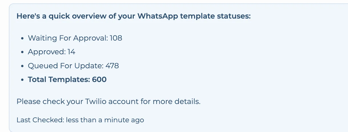 Die Übersicht der WhatsApp-Vorlagenstatus während der Synchronisierung, mit 108 Vorlagen Waiting For Approval, 14 Approved und 478 Queued For Update