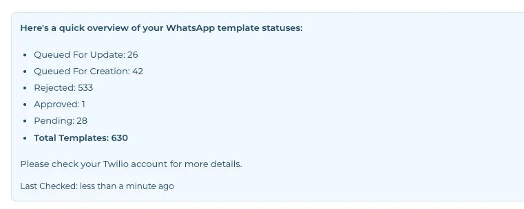 L'aperçu des statuts des modèles WhatsApp dans RepairPlugin avec un nombre de modèles Rejected