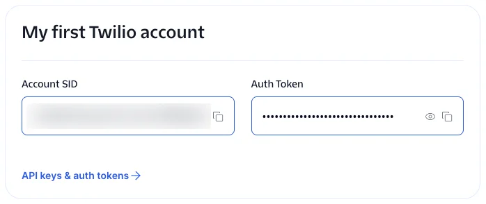 Les champs Account SID et Auth Token dans la Twilio Console, chacun avec une icône de copie