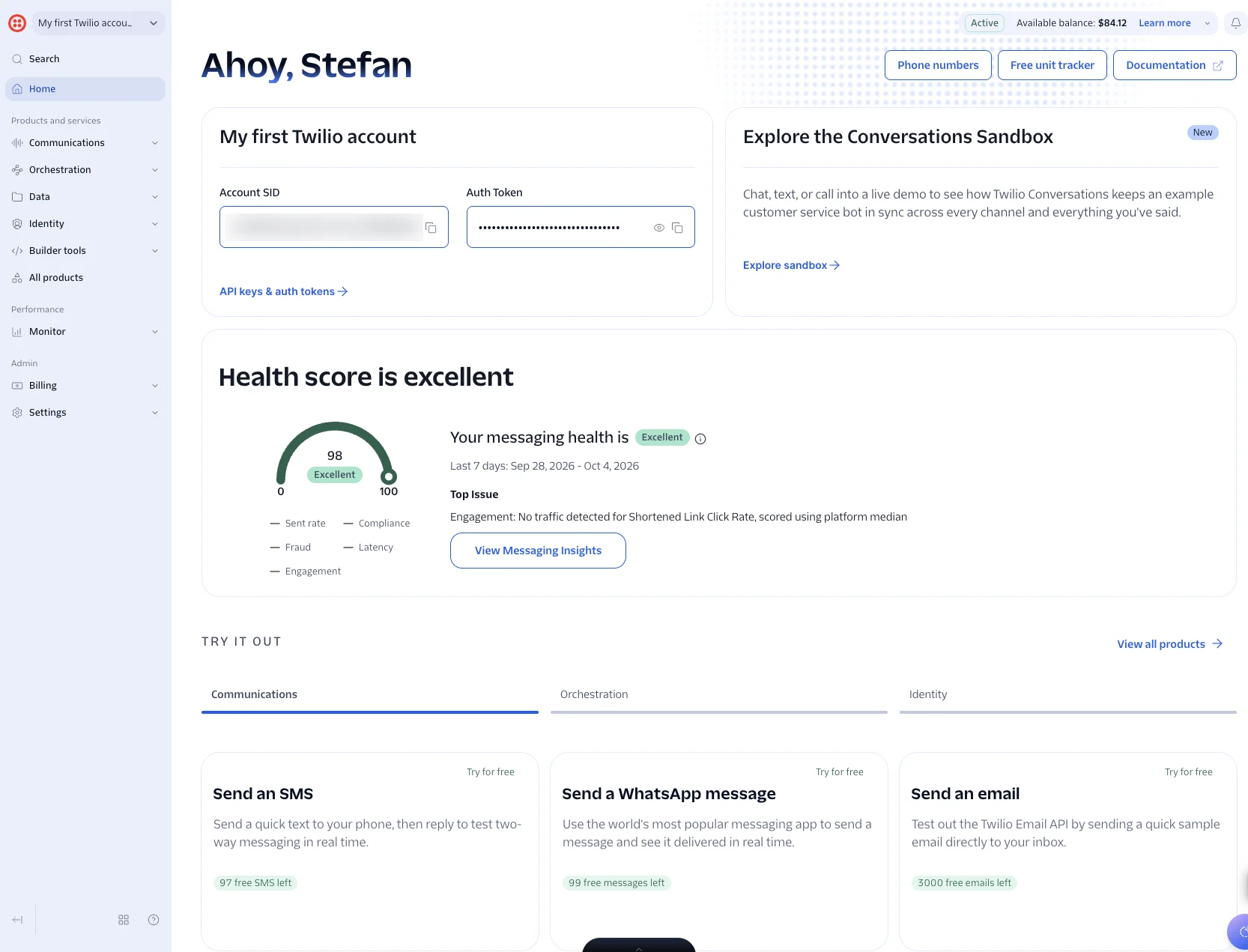 La page d'accueil de la Twilio Console avec les champs Account SID et Auth Token et le solde disponible en haut à droite