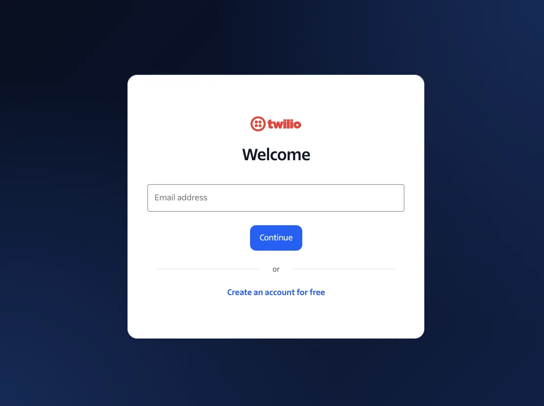 L'écran de connexion Twilio avec le champ Email address, le bouton Continue et le lien Create an account for free