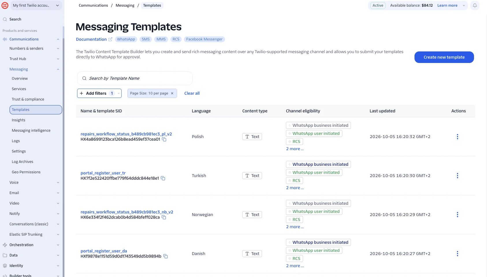 La page Messaging Templates dans Twilio avec la liste des modèles : nom, langue, type de contenu, éligibilité par canal et date de dernière mise à jour