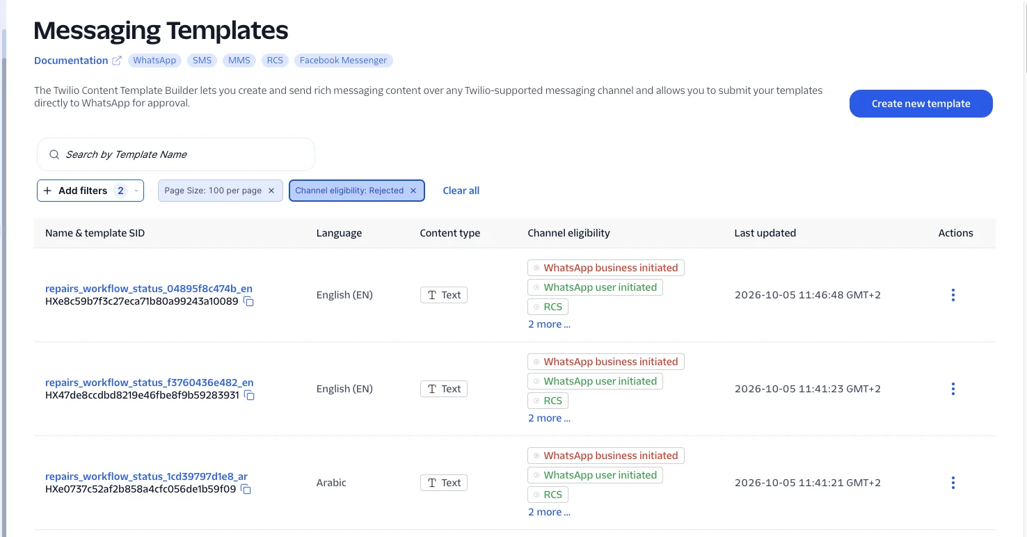 La page Messaging Templates dans Twilio filtrée sur Channel eligibility: Rejected, avec WhatsApp business initiated affiché en rouge pour chaque modèle