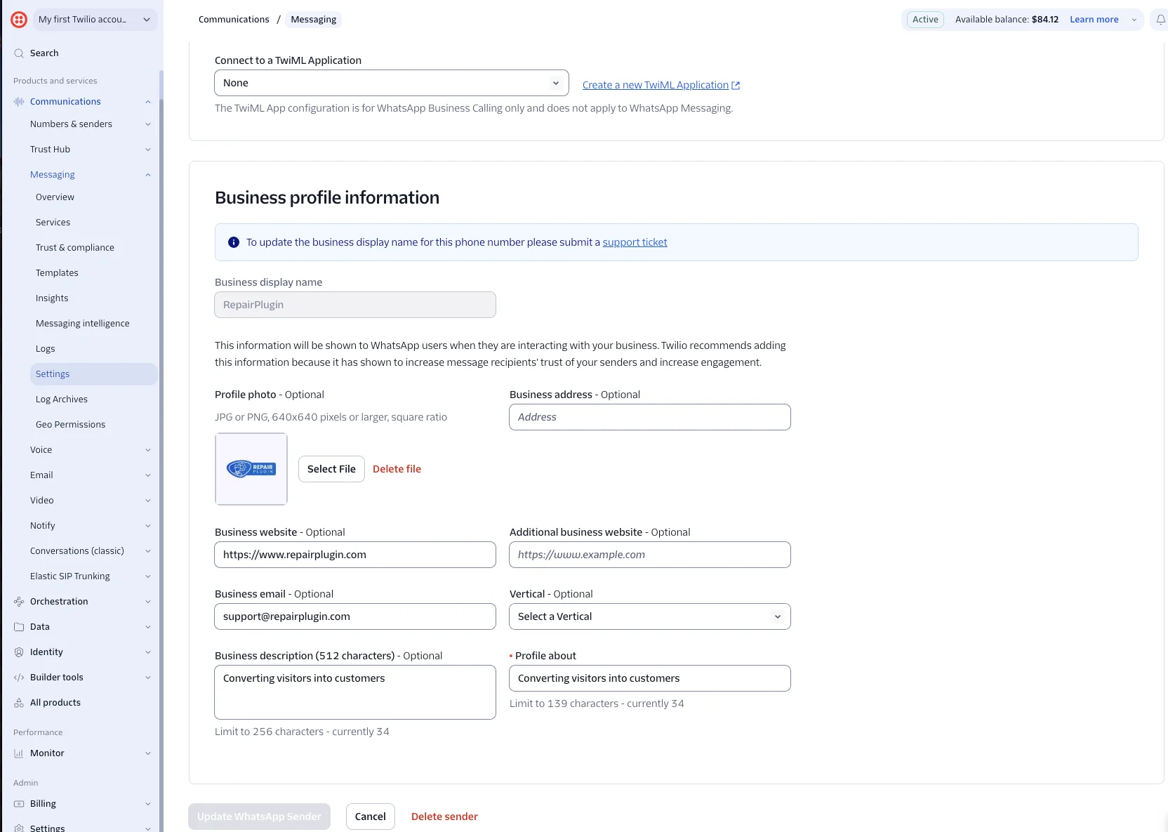 Le formulaire Business profile information dans Twilio avec les champs photo de profil, site web de l'entreprise, e-mail de l'entreprise, description de l'entreprise et Profile about