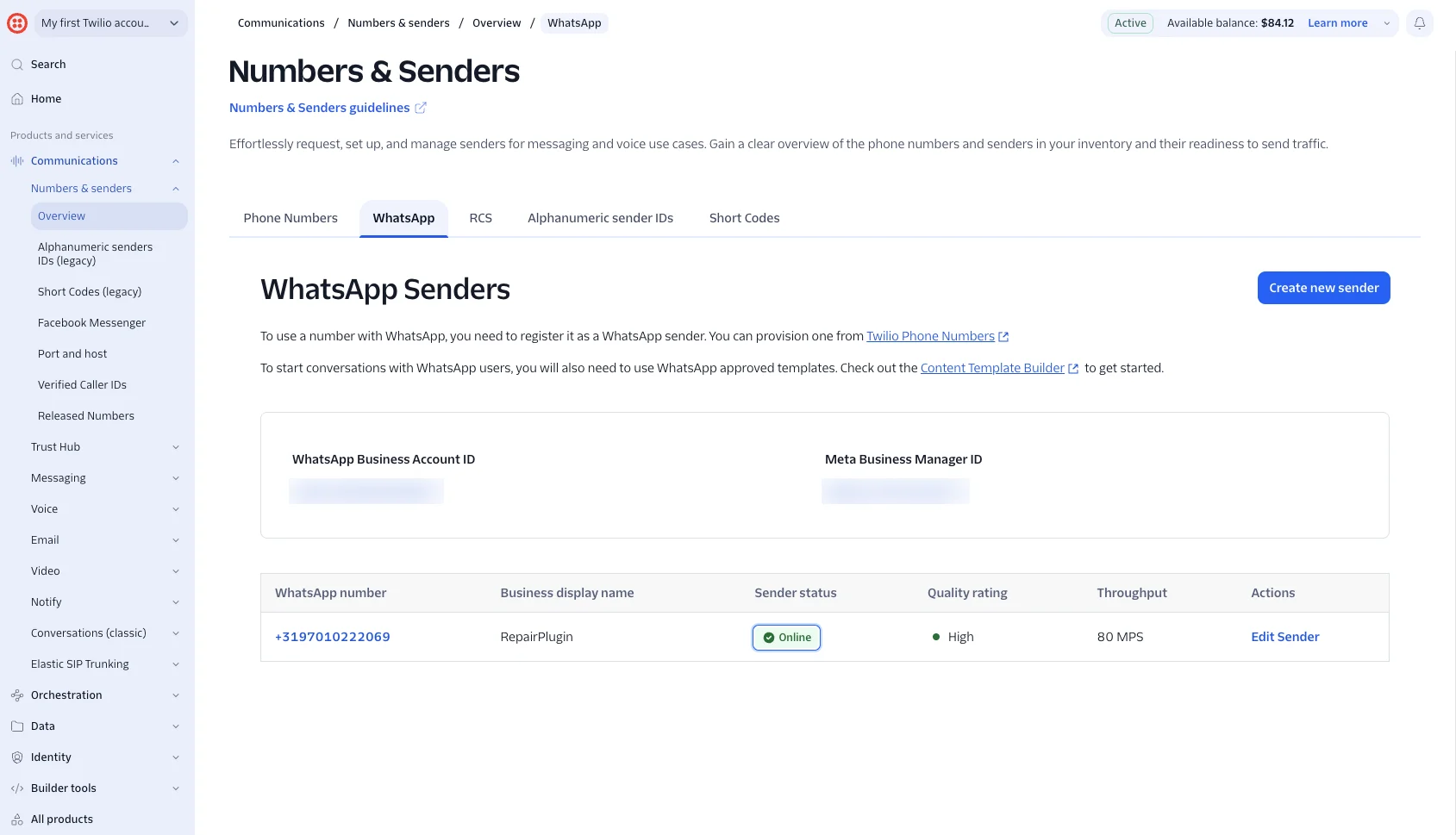 L'onglet WhatsApp Senders dans Twilio avec le numéro, le Sender status Online, le Quality rating et le lien Edit Sender