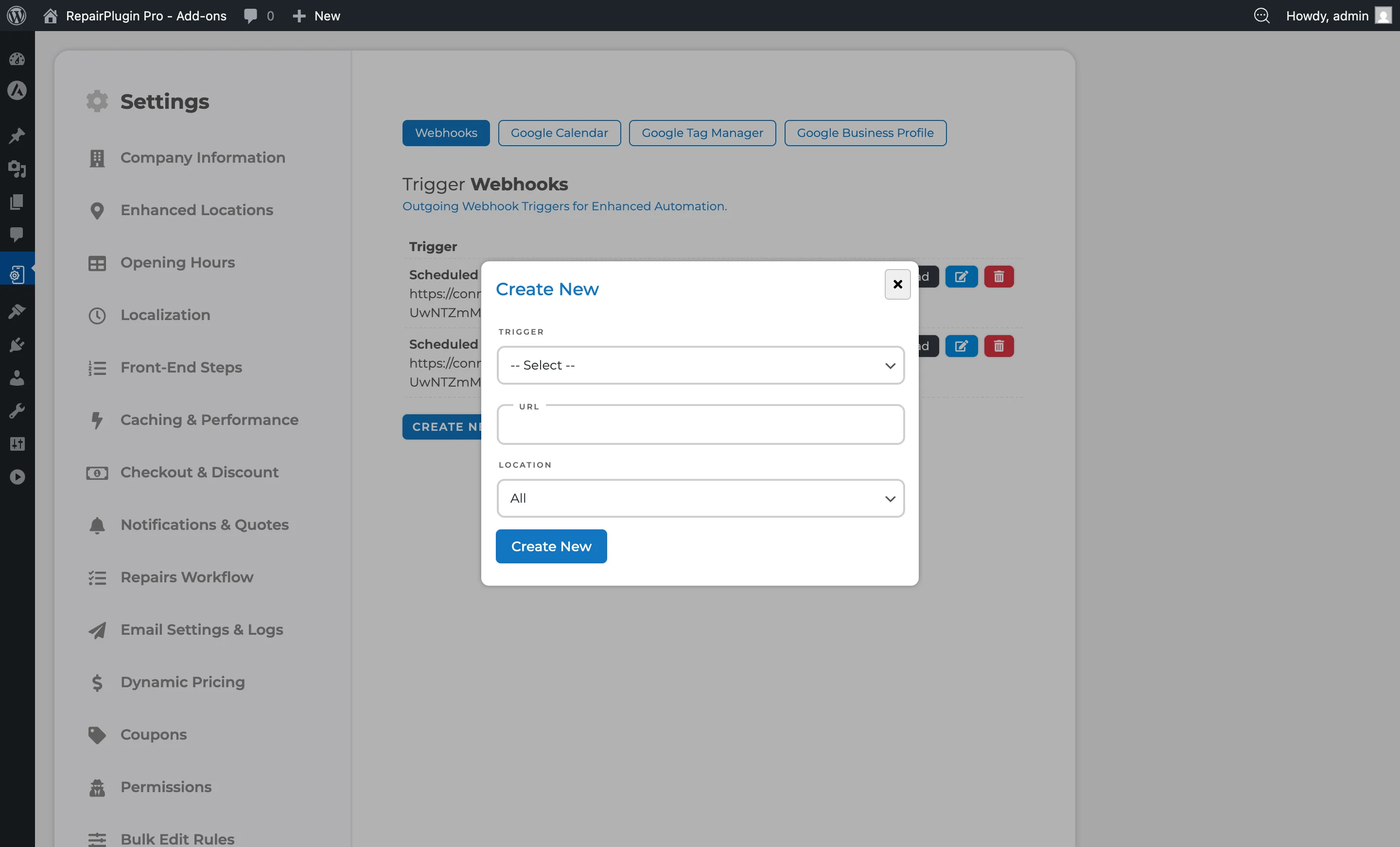 The Create New Webhook popup with fields for name, URL, events, and authentication