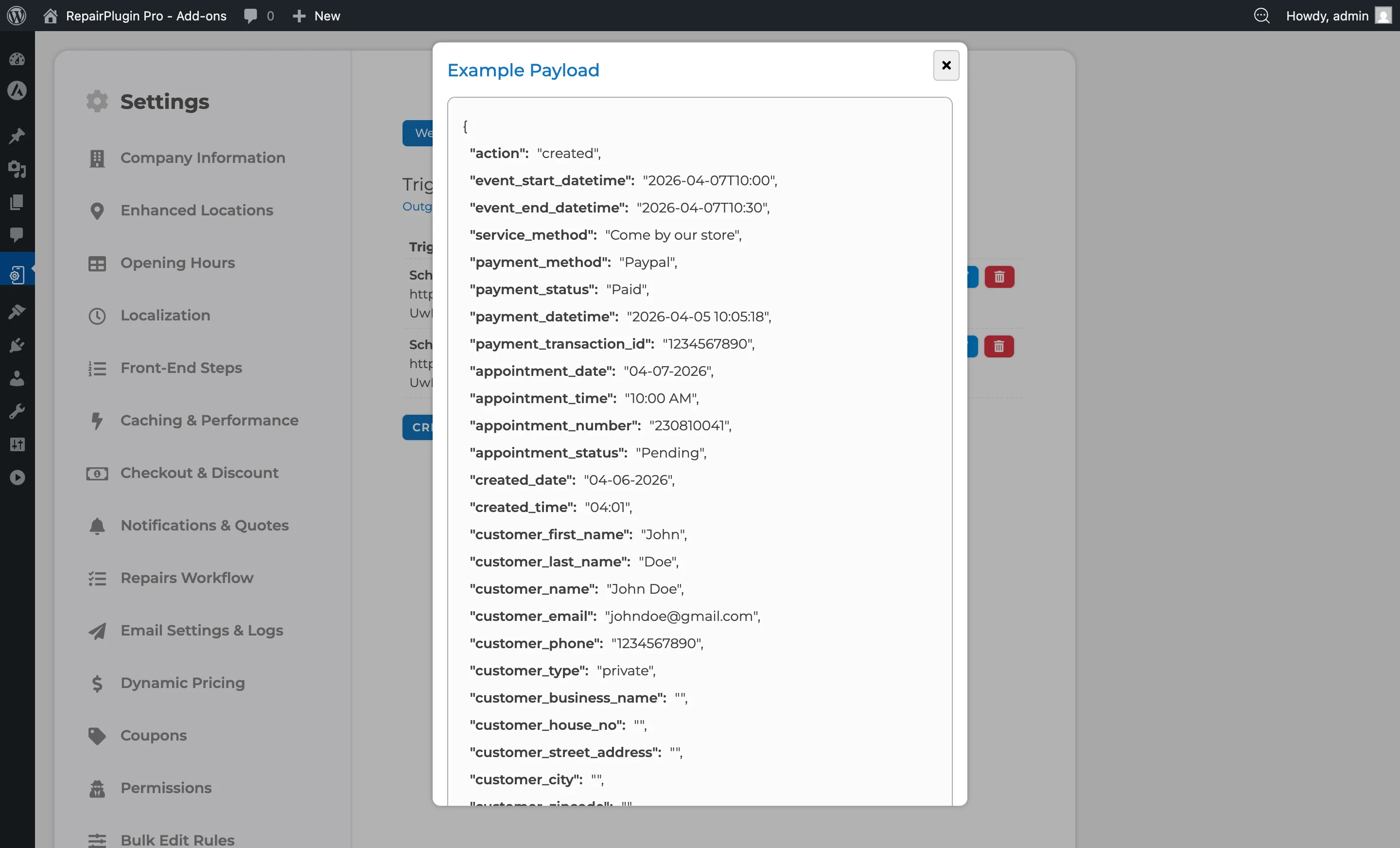 The Example Payload popup showing the JSON data structure sent by a webhook event