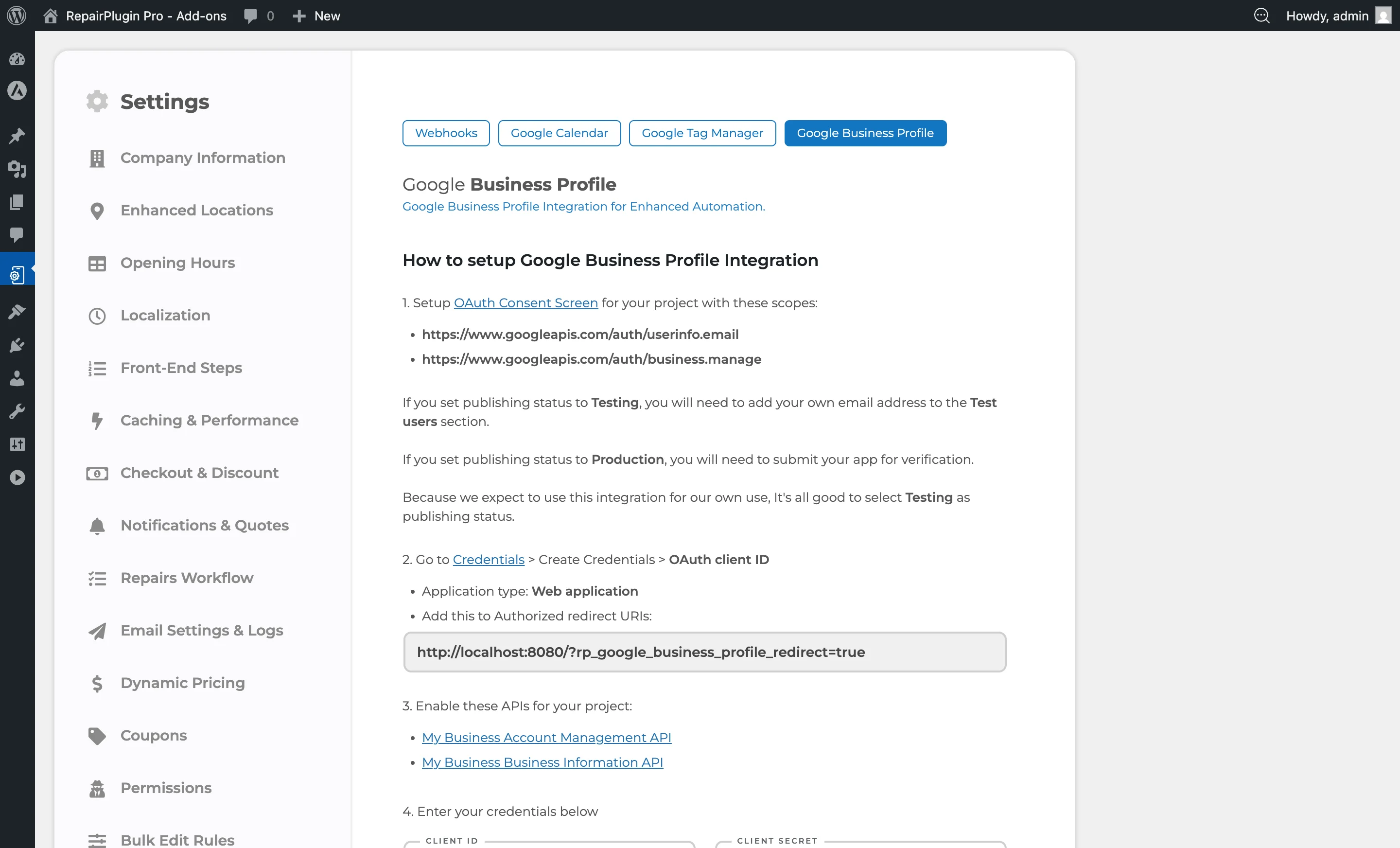 The Google Business Profile integration tab showing OAuth credentials, authorization status, and location mapping table