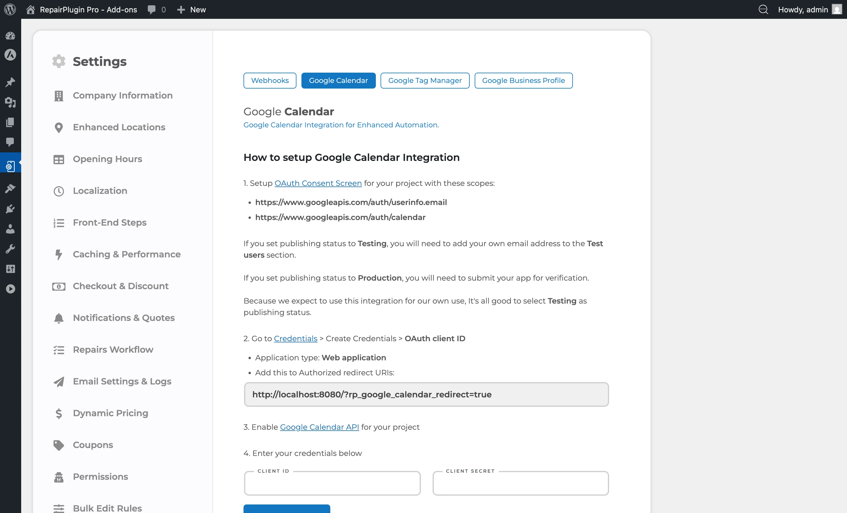 The Google Calendar integration tab showing OAuth credentials, authorization status, calendar selector, and sync toggle