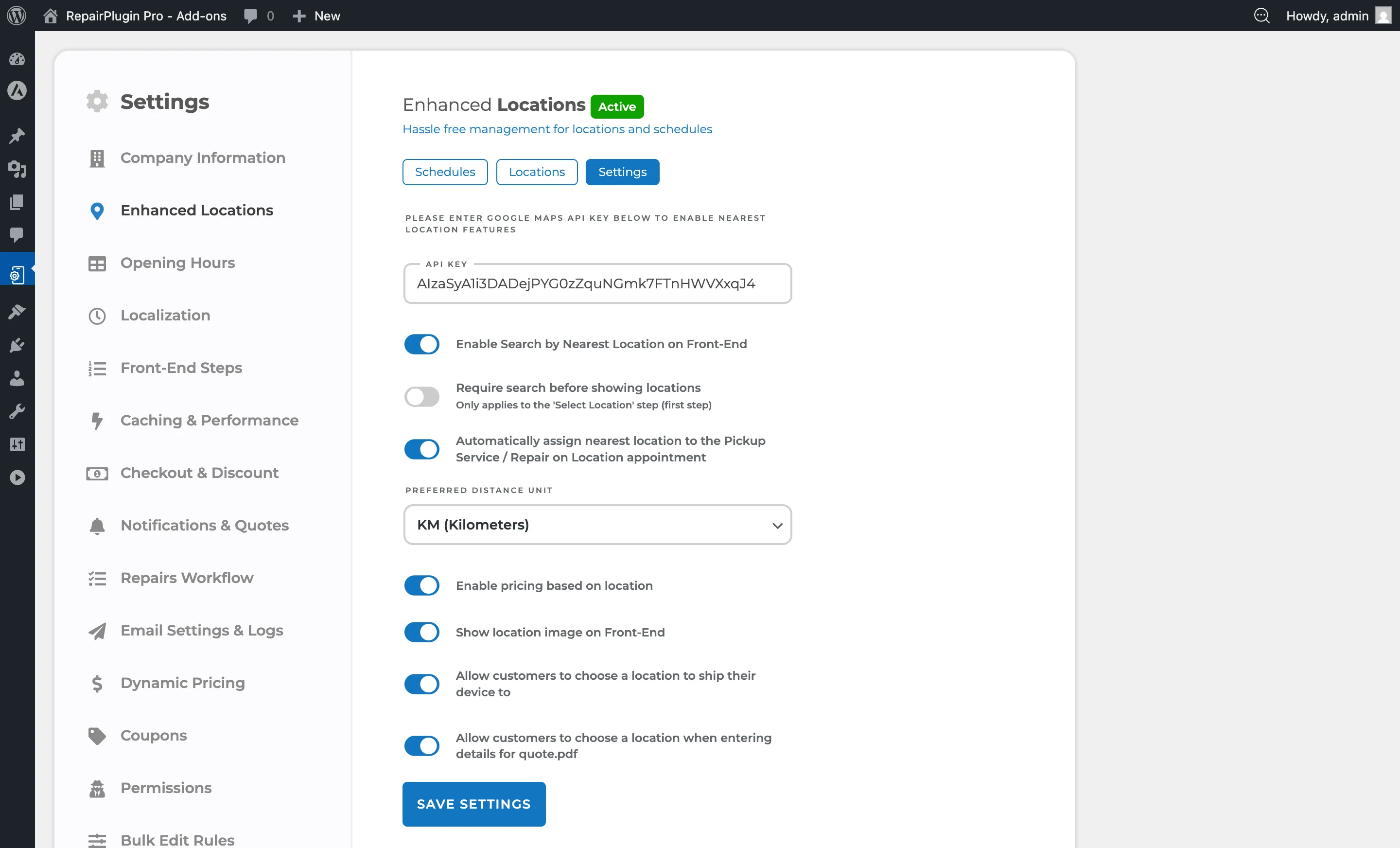 The Google Maps API key configuration field in the Webhooks settings