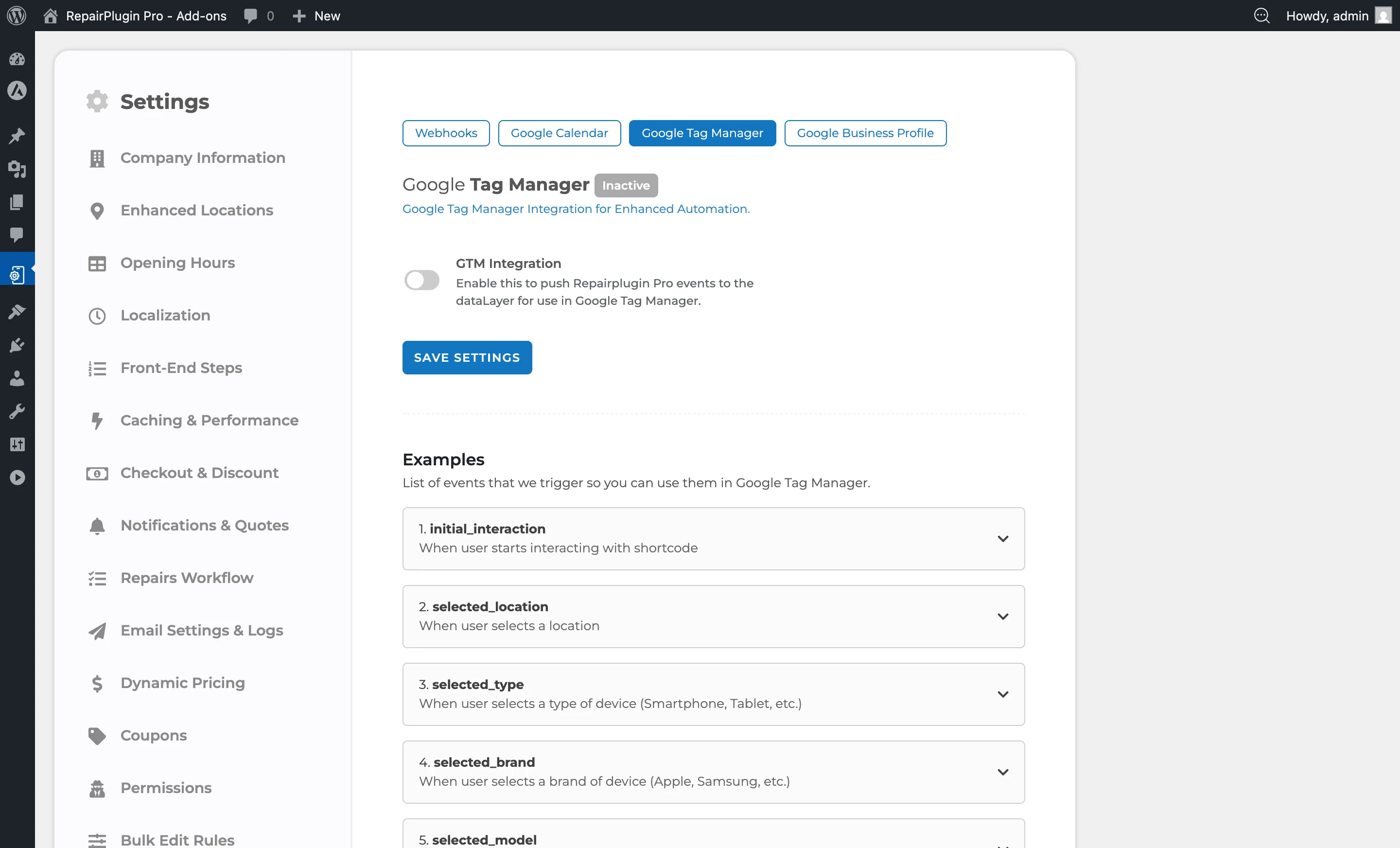 The Google Tag Manager integration tab showing GTM ID field, integration toggle, and script loading options