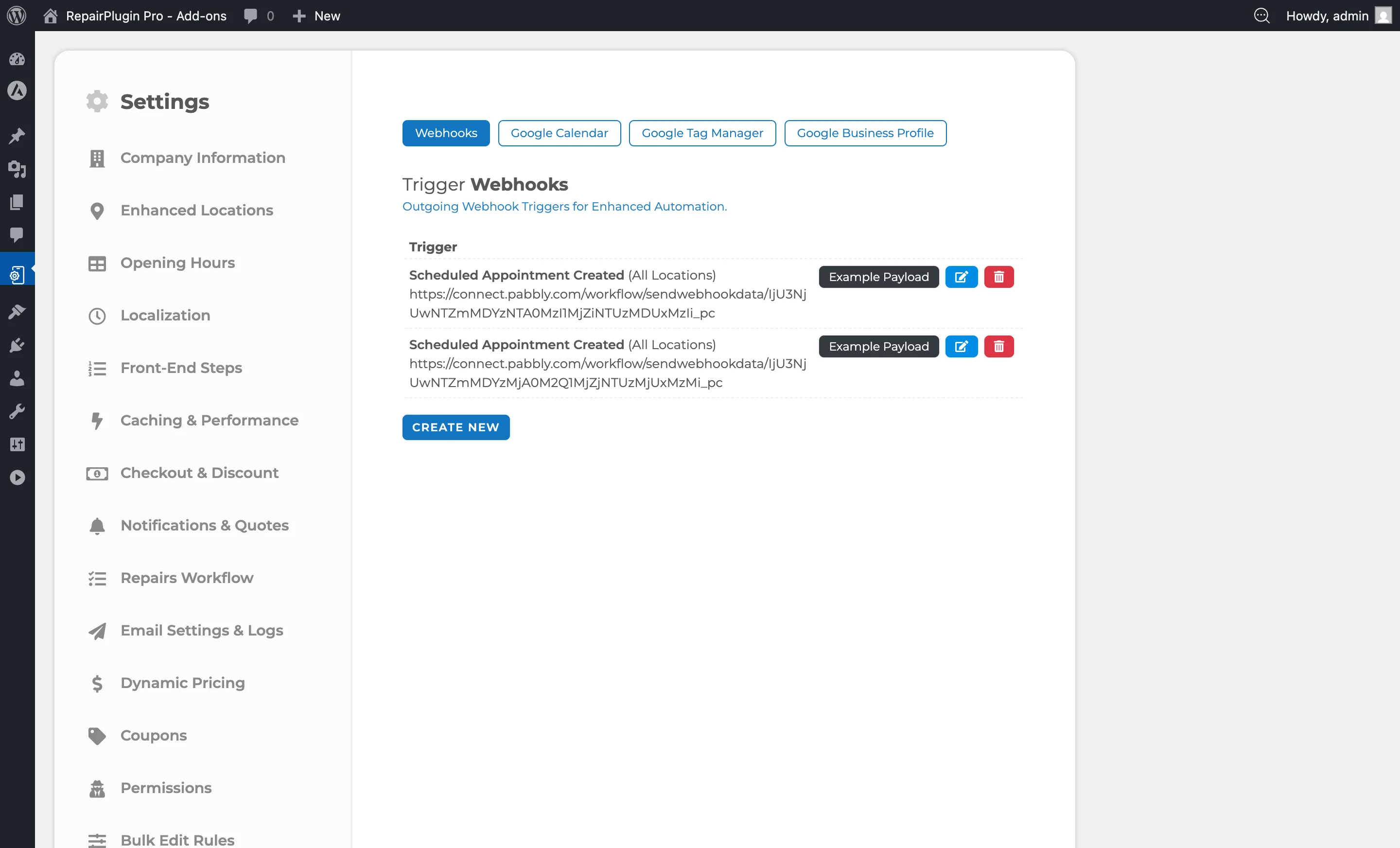 The Webhooks tab showing the webhook list with trigger types, URLs, and action buttons